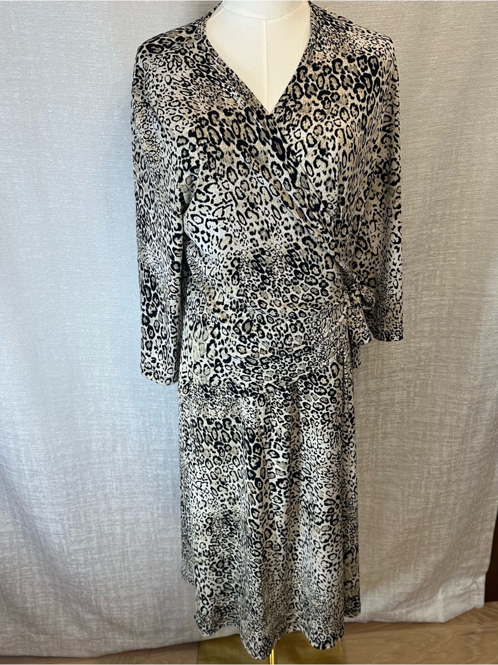 Clara Sun Woo Black and Cream Animal Print Wrap Midi Dress